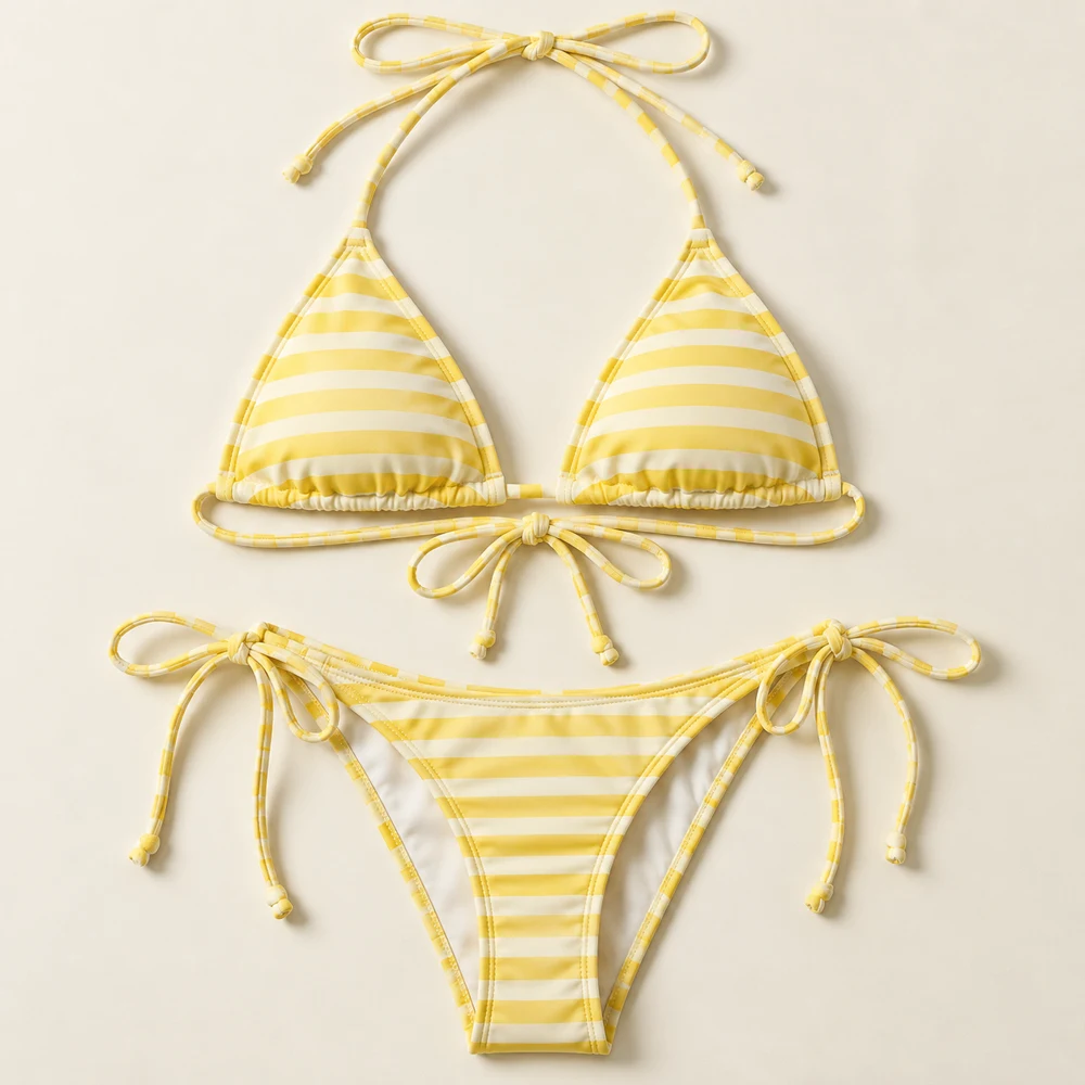 Lemon Stripe Triangle Bikini — Lemon / Cream, included pieces