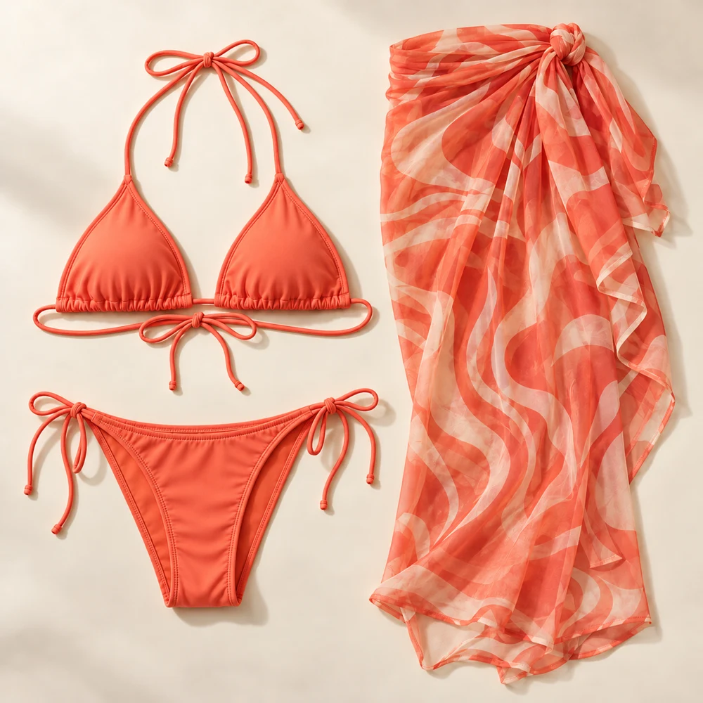 Coral Current Three-Piece Set — Coral / Cream, included pieces